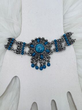 Boho Turquoise Statement Bracelet, Silver Tone Filigree Chain